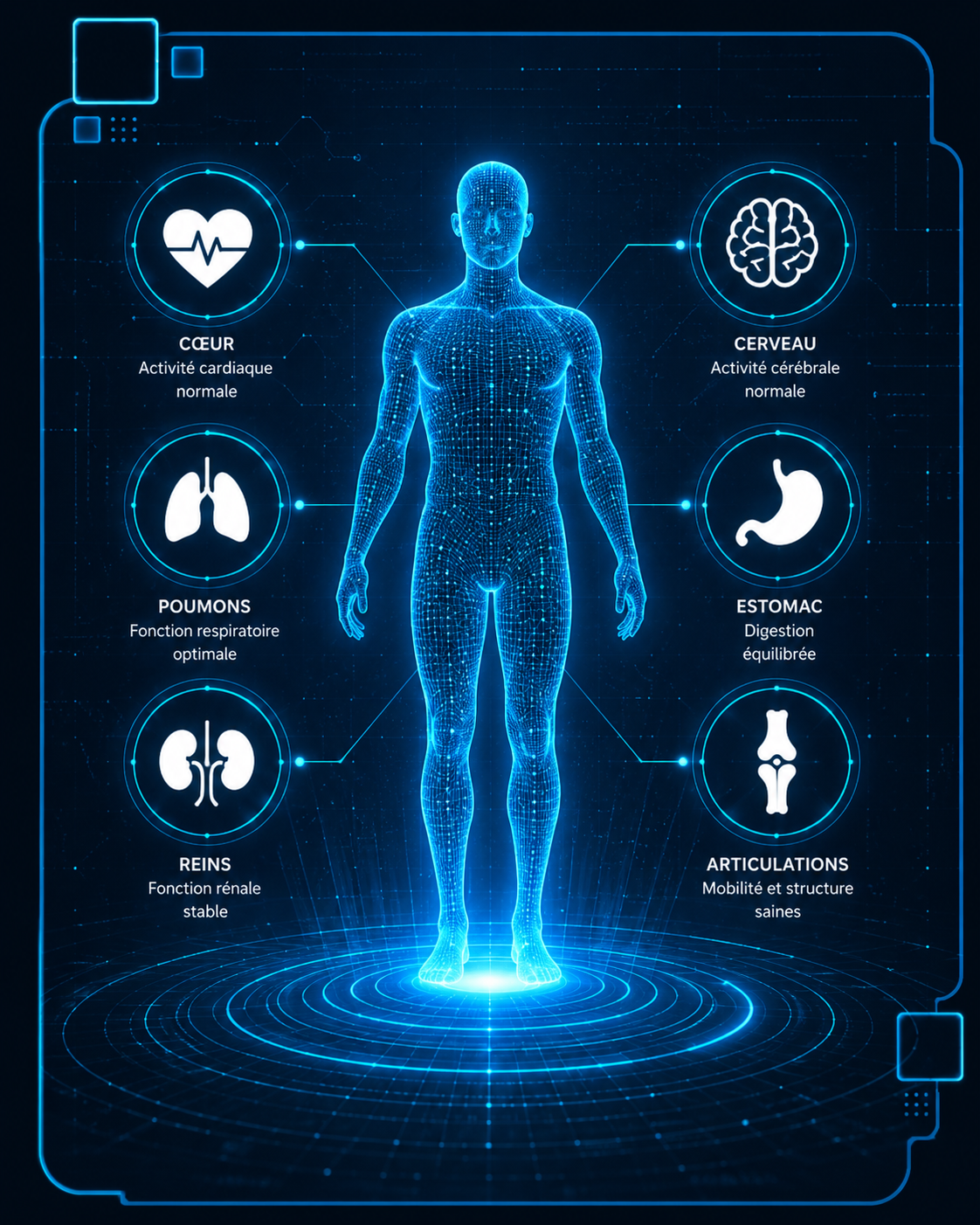 Digital patient body graphic highlighting heart, brain, lungs, stomach, kidneys, and joints