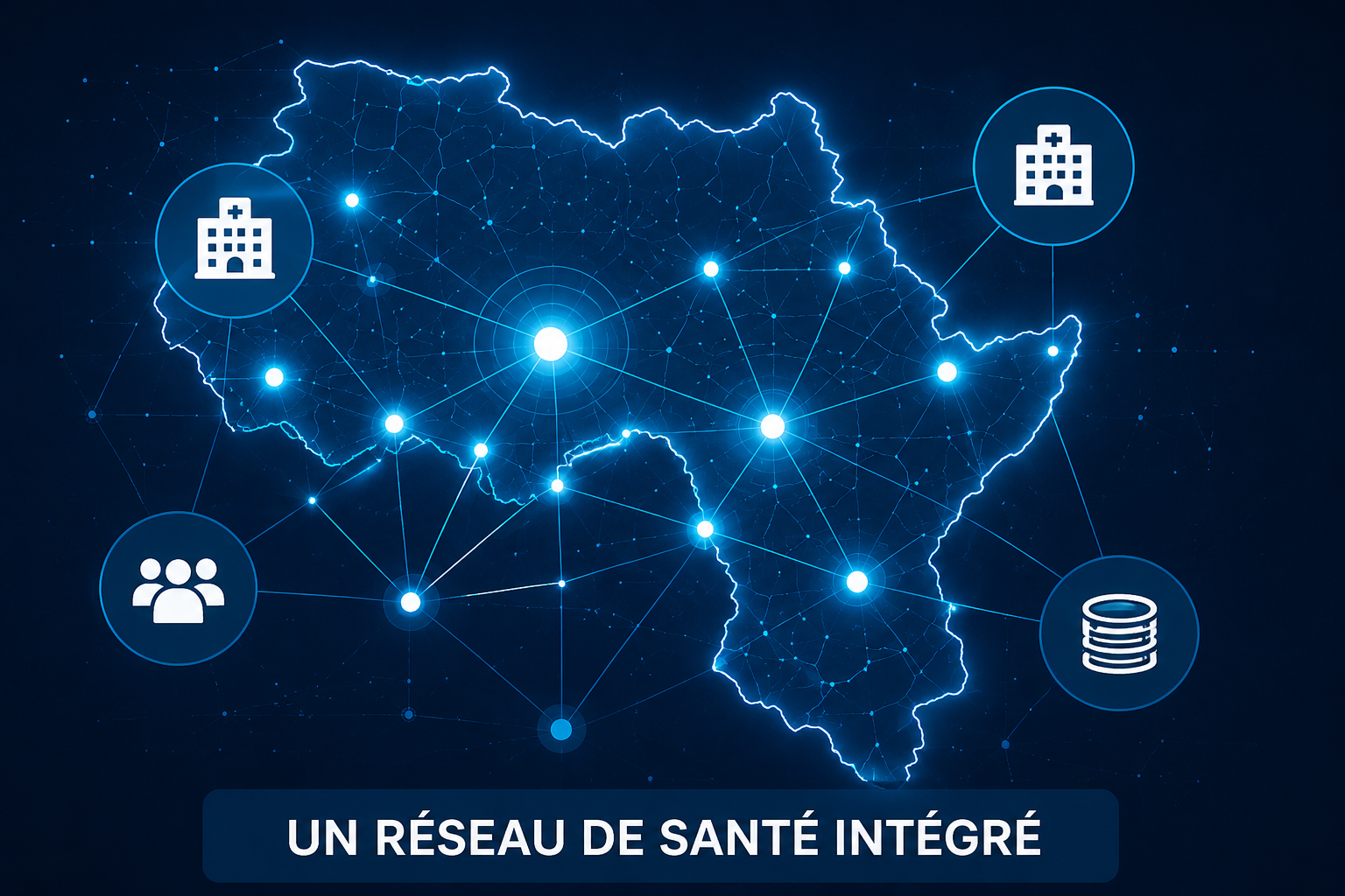 Glowing connected network map of Guinea representing integrated healthcare services